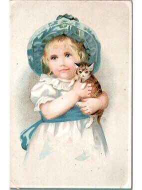 1890s Syracuse NY Victorian Trade Card Girl With Kitten Vose Pianos Leiter Bros
